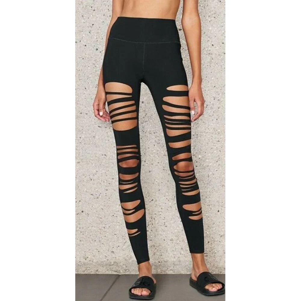 Alo High-Waist Extreme Ripped Warrior Leggings Black Edgy Hi-Rise Destroyed Pant